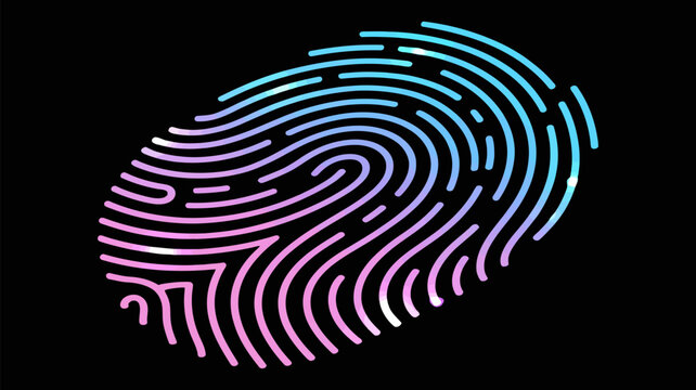 Futuristic digital fingerprint illustrated with luminous neon gradient curves, representing biometric authentication, cybersecurity innovation, digital identity verification, and advanced technology s