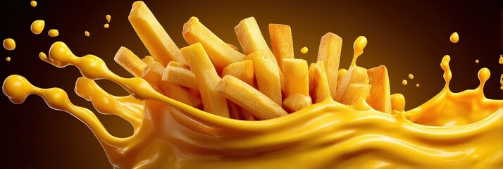 Golden French Fries Splashing in Rich Melted Cheese Sauce