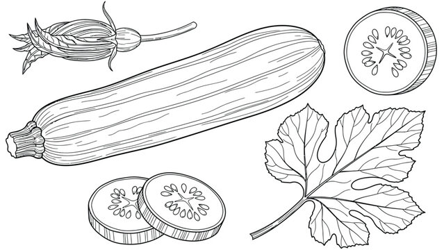 Line drawing of a zucchini with a blossom, leaf, and sliced pieces. The detailed sketch highlights textures, giving a natural and fresh impression.