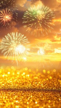 Spectacular golden fireworks illuminate an orange sunset sky above a glittering foreground.