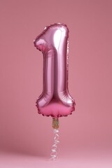 Obraz premium Pink foil balloon shaped like number one, floating against a soft pink background, creating a festive atmosphere with ample copy space