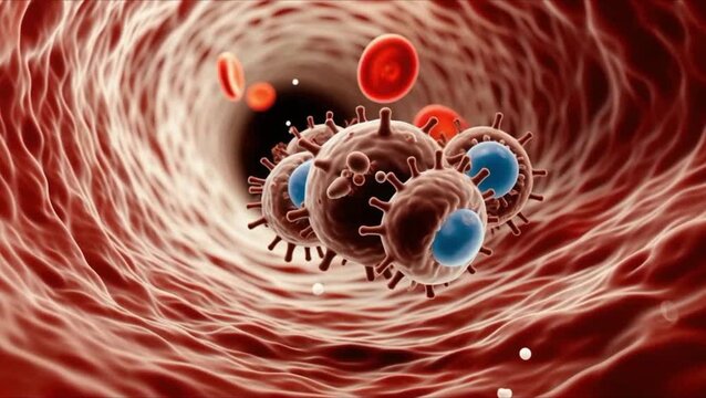 Microscopic Battleground: A detailed, close-up visualization of blood cells and invading pathogens within a blood vessel, offering a glimpse into the body's natural defenses.