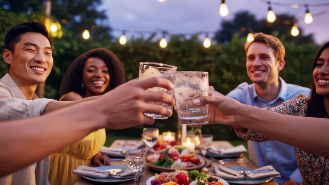 Group of Friends Toasting Drinks During Outdoor Dinner Party