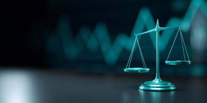 Metallic balance scale on dark surface with blurred financial graph background symbolizing justice and economic equilibrium