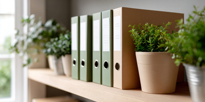 Close-up of green and beige binders lined up on wooden shelf with potted green plants in bright modern workspace