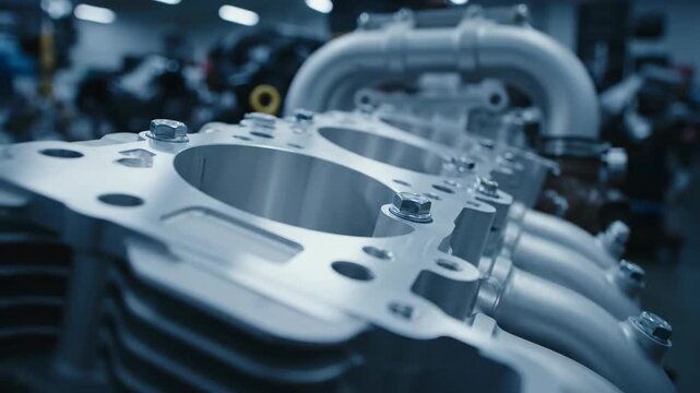 Close-up tracking shot of a V12 engine cylinder head, showcasing polished aluminum and precise bolt pattern.