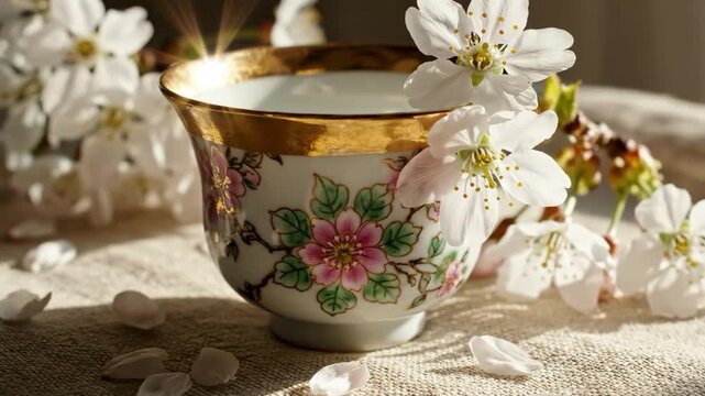 Delicate floral teacup with gold trim and cherry blossoms