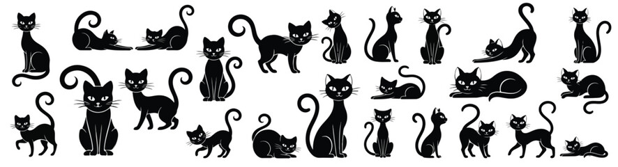 A set of stylized black cat silhouettes in playful and elegant poses on a white background. Flat vector style with solid black shapes, smooth curves, and a minimal, modern look. © Haris Lost