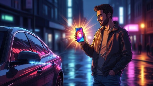 Man using smartphone to remotely unlock car with modern smart technology in a vibrant futuristic