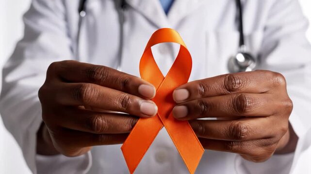 Doctor holding orange ribbon for leukemia awareness isolated on white background