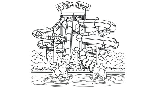 Water park scene with multiple twisting water slides leading into a pool. The structure is labeled "Aqua Park," set against a backdrop of trees.