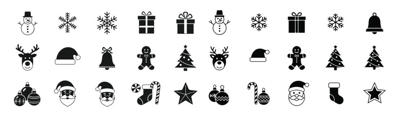 Fototapeta premium A set of minimalist Christmas and winter icons in a grid on a white background. Flat vector style with solid black shapes, simple geometry, and a modern festive look