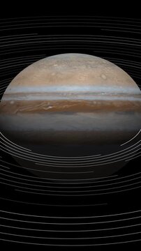 Jupiter planet with swirling cloud bands and orbital rings against a animated black background, Majestic gas giant planet with prominent rings and a swirling red storm vortex in deep space,