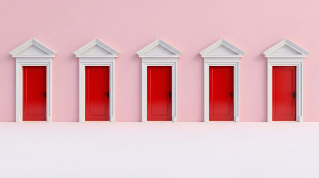 A row of five identical closed red doors with white trim against a pastel pink wall, emphasizing choices, pathways, or architectural uniformity.