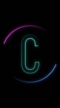 Neon Letter C Inside a Circular Neon Frame with Blue and Teal Light glowing alphabet animated