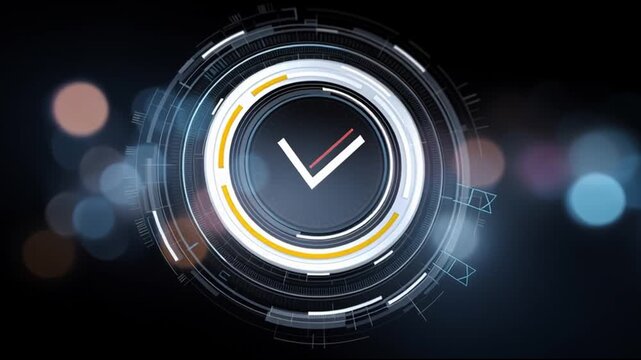 Circular digital clock interface with animated progress indicators and glowing elements transitioning through three frames in a seamless visual flow
