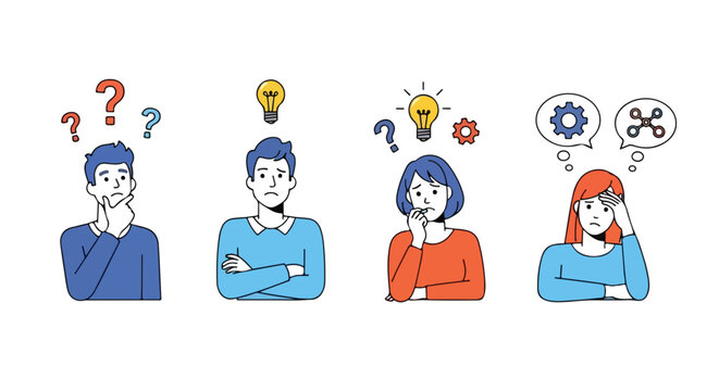 A clean flat vector of four people with confused and thoughtful expressions, with question marks above their heads. Simple shapes, minimal style, and a modern infographic look on a light background