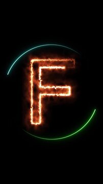 Fiery Letter F with Glowing Green and Blue Arcs on animated Black Background alphabet fire