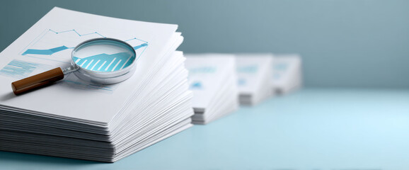 Stack of business reports with financial charts and magnifying glass on top highlighting data trends and analysis in setting