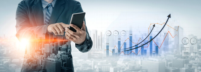 A businessman analyzes financial data using a tablet in front of modern city skyscrapers, with dynamic graphs showcasing growth trends and performance indicators. Scalp