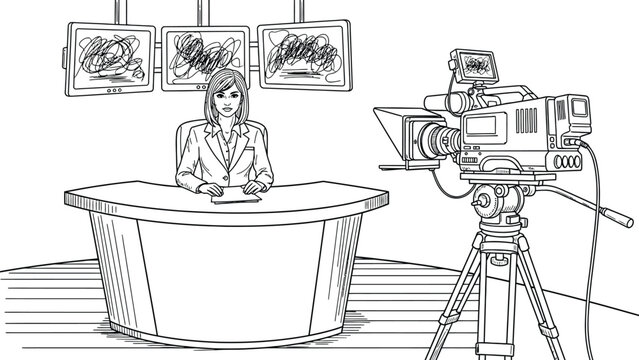 News anchor sits at a desk with three overhead screens. A camera is positioned in front, capturing the scene. The atmosphere is professional and focused.