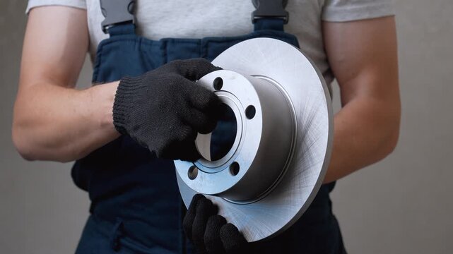 Unrecognizable male mechanic in overalls and protective gloves holding and carefully inspecting a new metal car brake disc rotor for quality control before installation in a workshop
