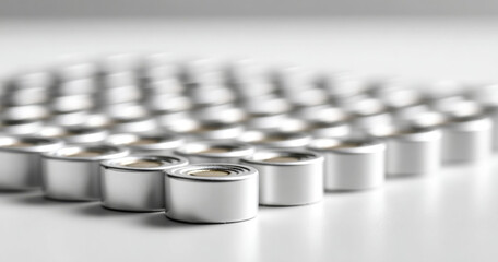 Close-up view of multiple small cylindrical batteries arranged in rows on a white surface with shallow depth of field