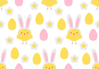 Fototapeta premium Easter seamless pattern. Seamless pattern with cute little chicks, Easter Eggs and flowers