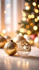 Close-up of glittering gold and filigree Christmas ornaments against a warm, bokeh background.