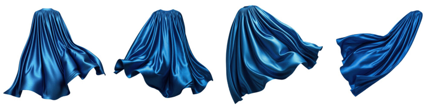 Realistic Flying Blue Silk Fabric Collection Featuring Dynamic Swirling and Draping Designs Isolated on White Background PNG Mockup