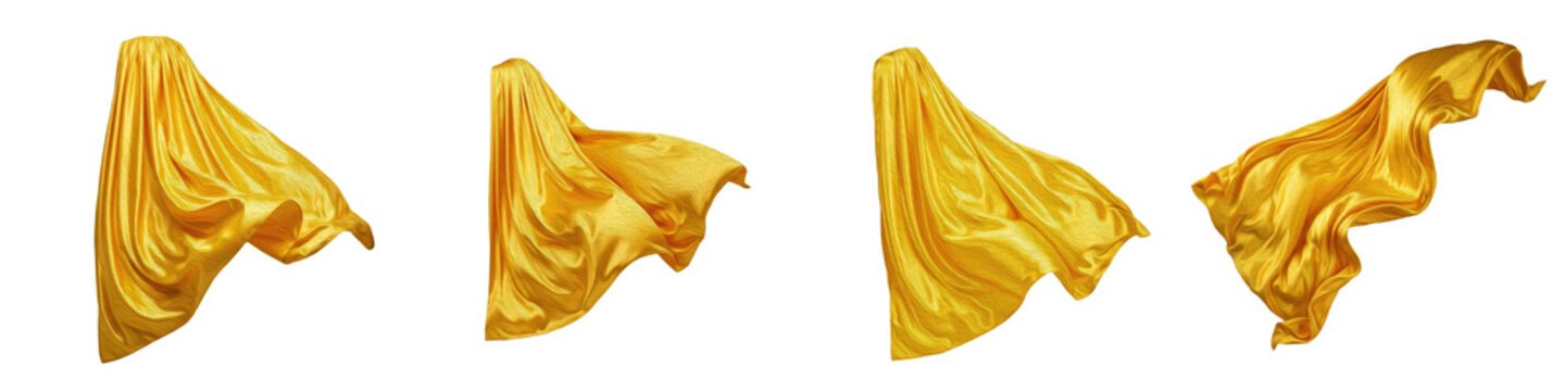 Realistic Flying Yellow Silk Fabric Collection Featuring Dynamic Swirling and Draping Designs Isolated on White Background PNG Mockup