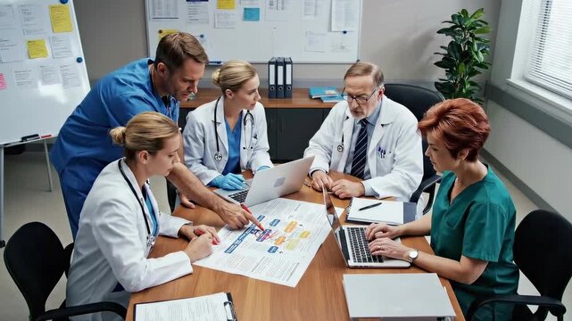 medical team planning patient care around table - doctors and nurses review charts and diagrams - collaborative clinical discussion in bright consultation room with focused attention and clear