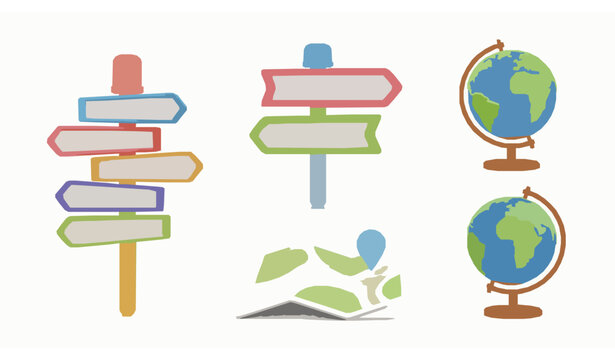 3D cartoon signpost with blank arrows map and globe for travel navigation