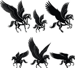 Obraz premium Set of Six Dynamic Pegasus Illustrations in Black and White Featuring Mythical Winged Horse Poses for Fantasy, Art, and Design Themes