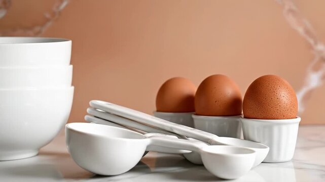 White bowls and egg cups on a marble surface with brown eggs