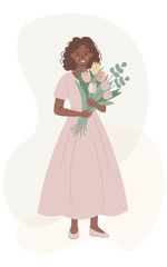 Woman Holding a Large Bouquet of Pink Tulips