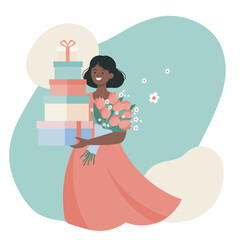 Happy woman holding a stack of gift boxes and a tulip bouquet