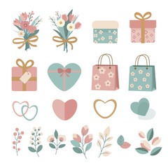 Set of Spring Celebration Icons with Flowers, Gifts, and Hearts