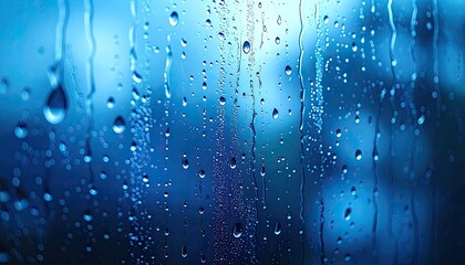 Close-up abstract view of vivid blue water droplets streaming down a wet window surface.