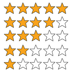Obraz premium Hand-drawn cartoon set of gold rating stars on a white background.