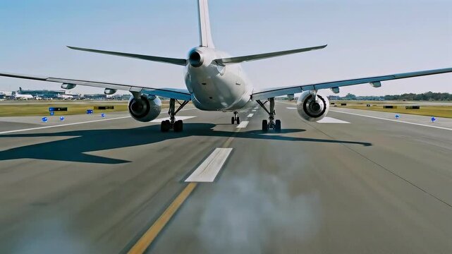 touchdown tires smoking on runway pilot applies heavy braking to slow aircraft plume of white smoke and skid marks emphasize intense friction and dynamic landing action with inspection