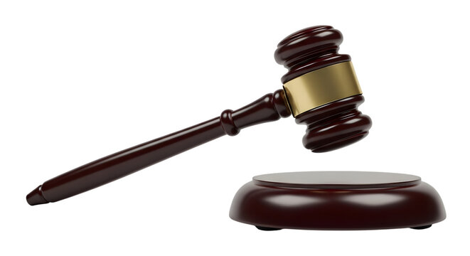 A wooden gavel with a gold band and sound block on a black background