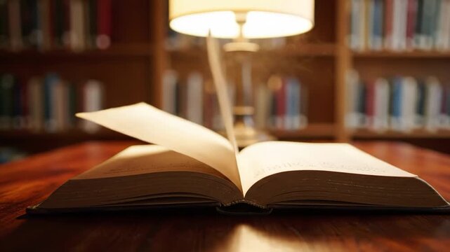 Open book on a wooden table with a lamp and bookshelves