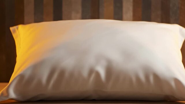 White pillow on a bed with a striped headboard