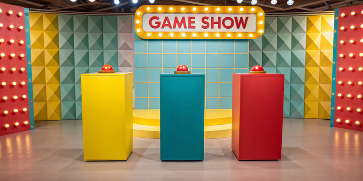Retro style game show set with colorful buzzers and vintage lighting