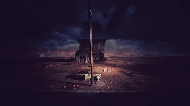 lonely shack in desert at night, weathered wooden shack beside leaning telephone pole, scattered debris and embers on cracked earth, dramatic moonlit clouds