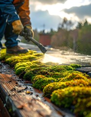 Moss Removal on Roof with Pressure Washer.