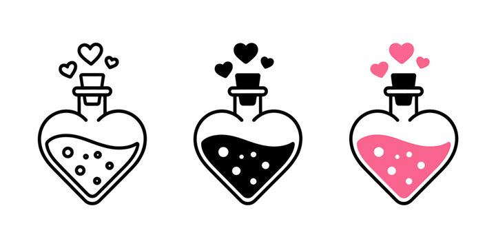 Heartshaped potion bottles with magical love theme illustrations