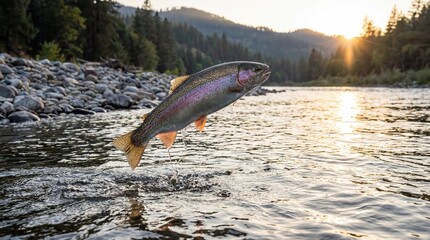 Fototapeta premium Fresh rainbow trout jumping out of clear mountain river at golden sunset with water splashes, rocky riverbank and pine forest on background. Concept of wild nature and sport fishing adventure