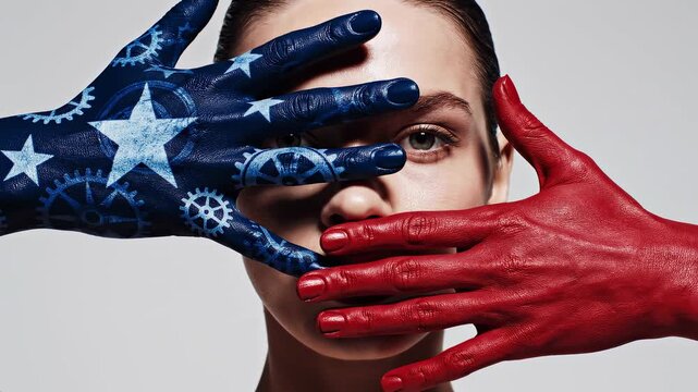 Portrait of a young woman with hands painted red and blue with stars covering her eye and mouth, symbolizing American politics and censorship.